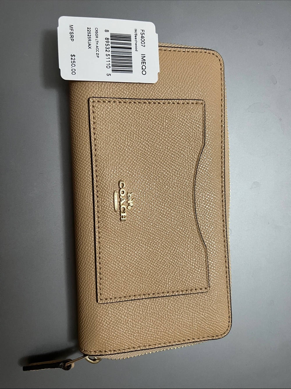 Coach Beige Leather Zip Wallet with Gold Hardware